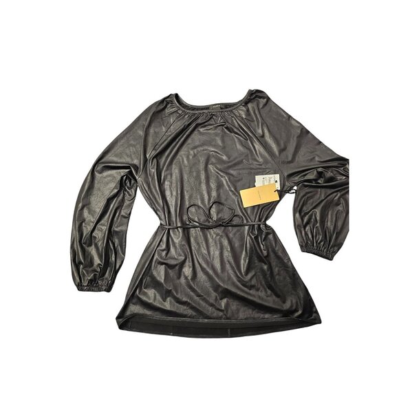 Halogen Black Faux Leather Lightweight Long Sleeve Top With Waist Tie Sz S COS M - Picture 2 of 7